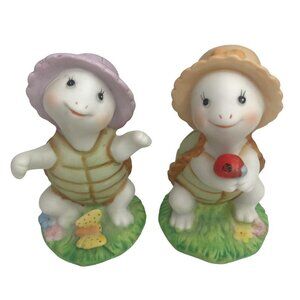 Vintage Homco Turtles Lot of 2 Bisque Porcelain Anthropomorphic Spring Figurines